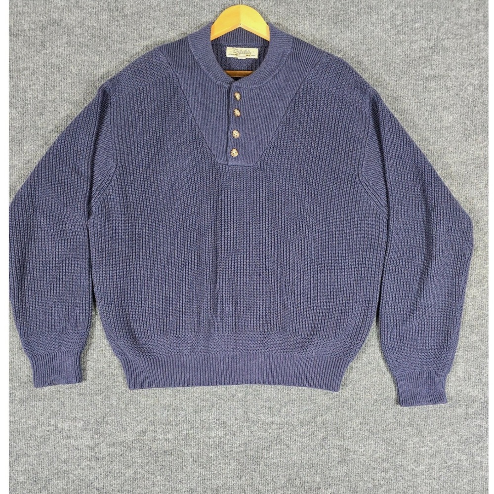 Cabelas Mens Blue Cotton Henley Sweater Size Large Regular Fit